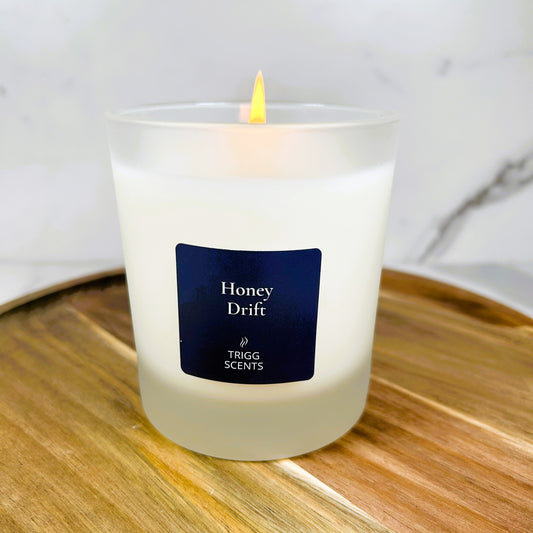 Honey Drift luxury candle in 30cl frosted glass jar handmade in UK by Trigg Scents