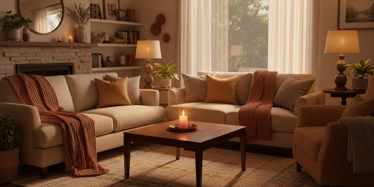 Cosy candle lit in the evening creating a calm, relaxing home atmosphere