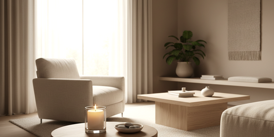 Softly lit neutral living room with a candle burning on a side table, creating a calm and relaxing home atmosphere