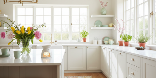 Bright spring kitchen with fresh flowers and wax melt burner lit on a white island, natural daylight and airy interior