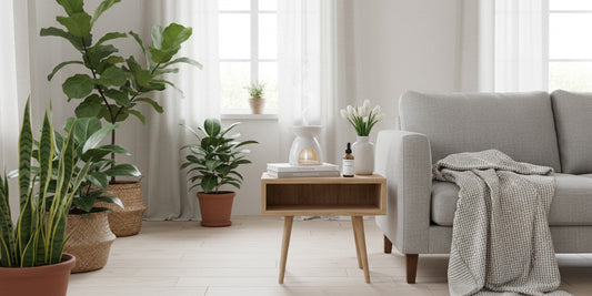 Bright, clean living room with natural daylight and wax melt burner creating fresh home fragrance atmosphere