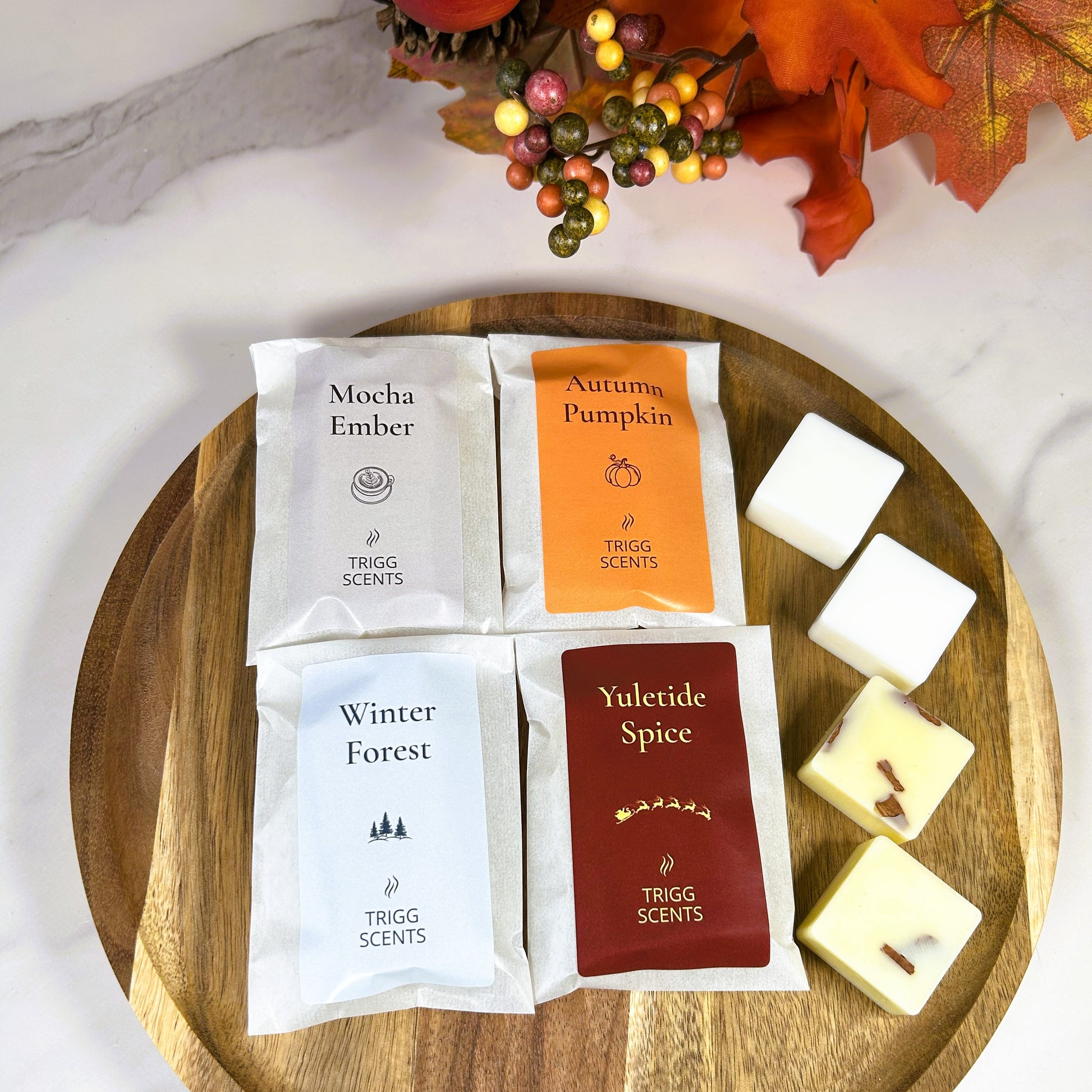 Luxury wax melt sample packs of 2 chunks handmade by Trigg Scents using fine Autumn and Winter fragrance oils