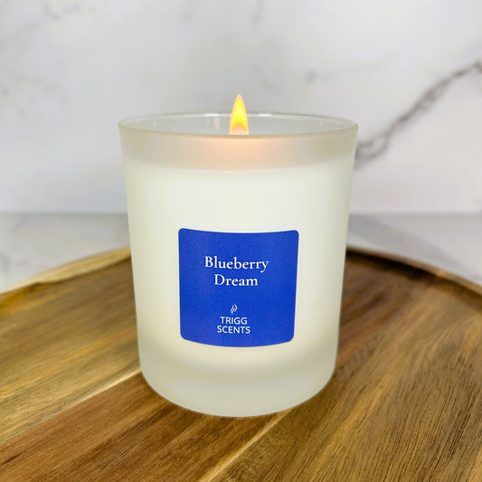 Blueberry Dream luxury candle in 30cl frosted glass jar, handmade by Trigg Scents