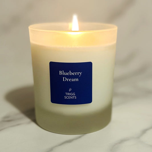 Blueberry Dream scented candle in a frosted glass jar, lit to create a calm and cosy atmosphere