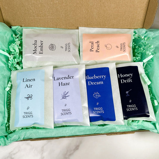 Luxury wax melt discovery selection 6 packs handmade in the UK by Trigg Scents using the finest fragrance oils.