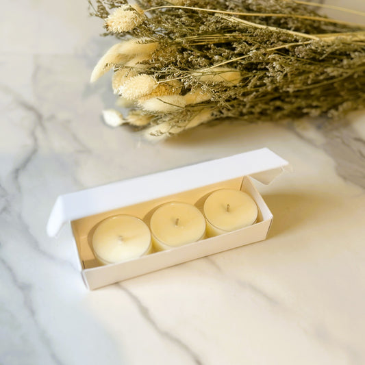 TRIGG SCENTS Linen Air3 pack tealights in a white box – fresh clean fragrance inspired by crisp linen and soft morning air.