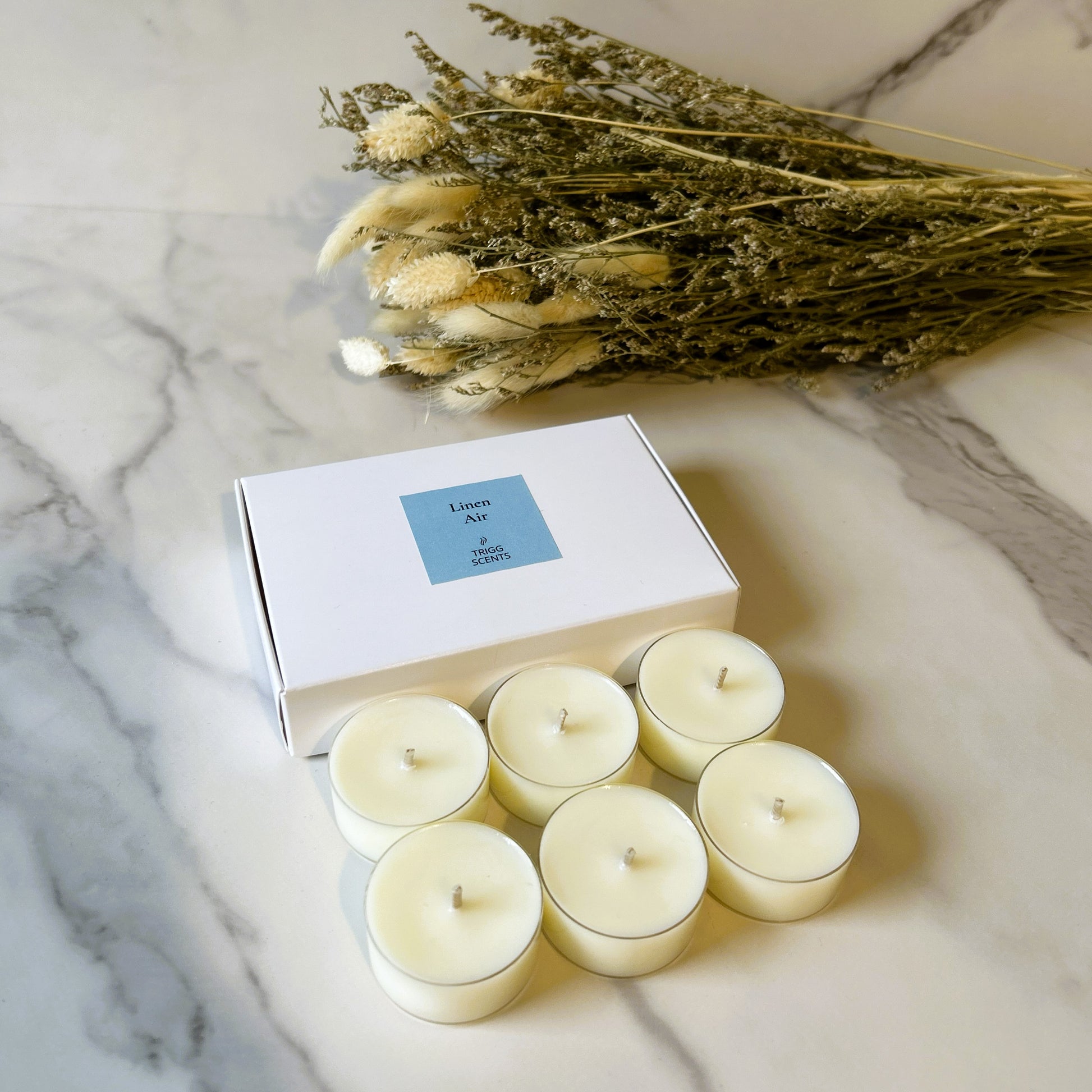 TRIGG SCENTS Linen Air 6 Pack Tealights in White Box - Fresh Clean Fragrance inspired by crisp linen and soft morning air
