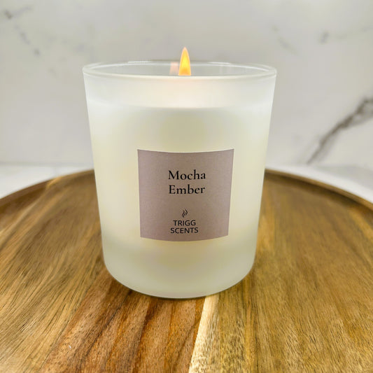 Mocha Ember luxury candle in 30cl frosted glass jar, handmade in the UK