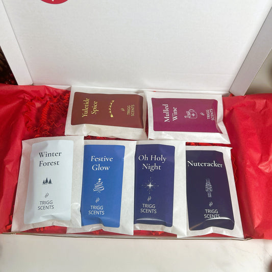 TRIGG SCENTS Christmas wax melt selection gift set with six festive fragrances – Yuletide Spice, Mulled Wine, Winter Forest, Festive Glow, Oh Holy Night and Nutcracker.