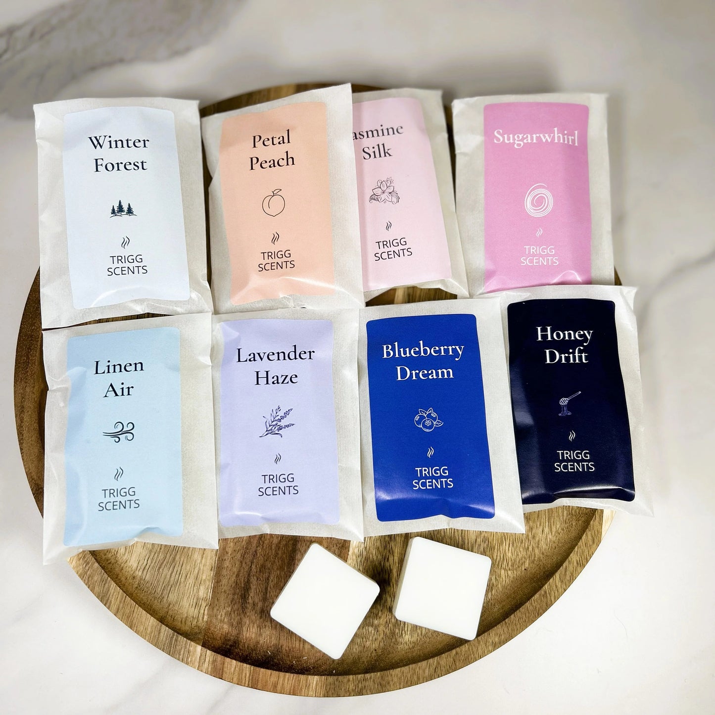 Luxury wax melt sample packs of 2 chunks handmade in the UK by Trigg Scents