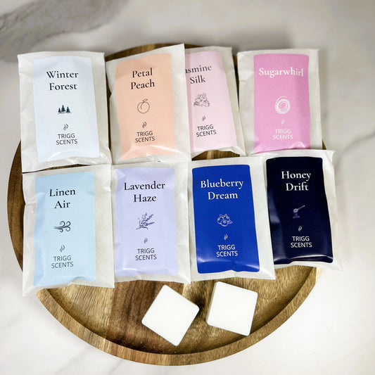 Luxury wax melt sample packs of 2 chunks handmade in the UK by Trigg Scents