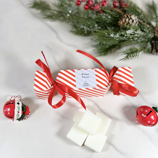 Winter Forest Christmas Cracker – festive wax melt gift featuring Nordic Cedar fragrance with pine, cedarwood and amber notes, hand-poured in the UK by TRIGG SCENTS.